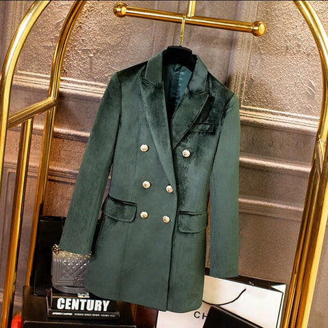 New Autumn Winter Fashion Double Breasted Velvet Blazer Women Golden Buttons Zipper Formal Slim Long Blazers Blue Green