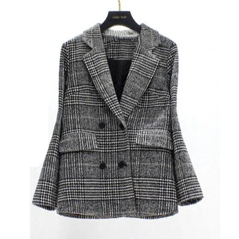 Winter New Thickening Tweed Woolen Coat Women Vintage Houndstooth Plaid Slim Thin Bblazer Mujer Plus Size tweed jacket