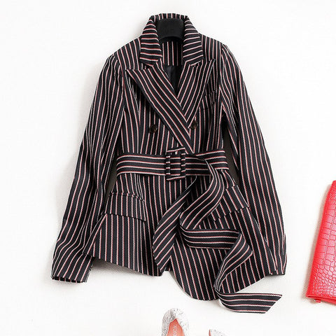 Double Breasted Blazer Women With Belt Ladies Formal Coats And jackets Korean Spring Slim Long Sleeve Striped Suit Coat