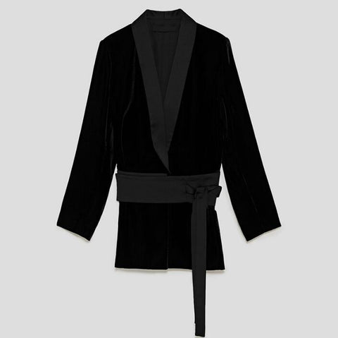 New Arrival 2022 Spring Blazers For Women Long Sleeve V-Neck Slim Vintage Velvet Blazer With Belt Black Suit Coat jacket