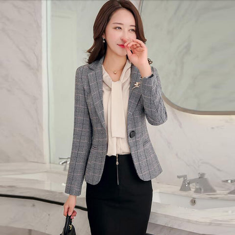 Spring New Short Office Coat Ladies Plaid Blazers Long Sleeve Formal Slim Single Button Blazer Women Casual Suit Big Size
