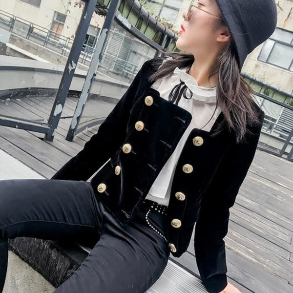 Velvet Coat Women 2022 Autumn New  Formal Double Breasted Blazer Black Slim Suit Jacket Ladies Short Coats Gold Button