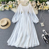 LY VAREY LIN Spring Autumn Women Elegant Holiday Dresses Puff Sleeve Slash Neck Off Shoulder Smocked White Chiffon Dresses