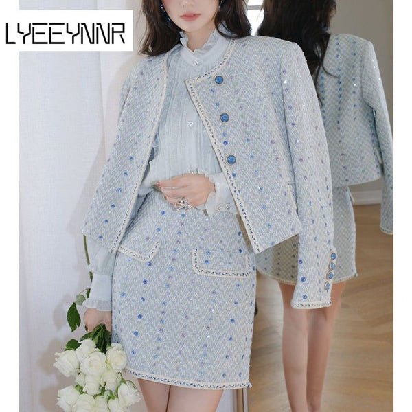 LYEEYNNR Beading Patchwork Temperament Gentle 2 Piece Sets Womens Outfits O-neck Long Sleeve Tops High Waist A-line Mini Skirts