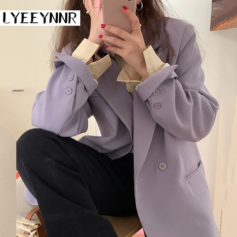 LYEEYNNR Korean Style Solid Color Blazers Women Office Lady Long Sleeve All-match Blazer  Casual Loose Suits Ladies