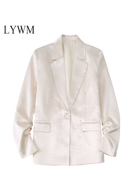 LYWM Women Outwears Satin Casual Blazer Jacket Single Button Notched Neck Vintage Female Chic Outfits Mujer