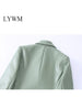 LYWM Women Tweed Outwears PU Blazer Jacket Double Breasted Notched Neck Vintage Female Chic Outfits Mujer