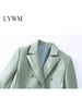 LYWM Women Tweed Outwears PU Blazer Jacket Double Breasted Notched Neck Vintage Female Chic Outfits Mujer