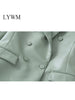 LYWM Women Tweed Outwears PU Blazer Jacket Double Breasted Notched Neck Vintage Female Chic Outfits Mujer