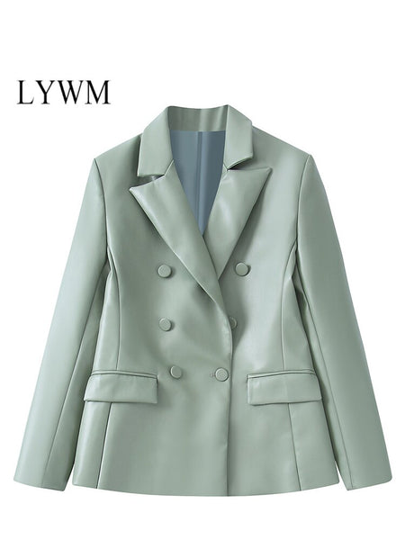 LYWM Women Tweed Outwears PU Blazer Jacket Double Breasted Notched Neck Vintage Female Chic Outfits Mujer