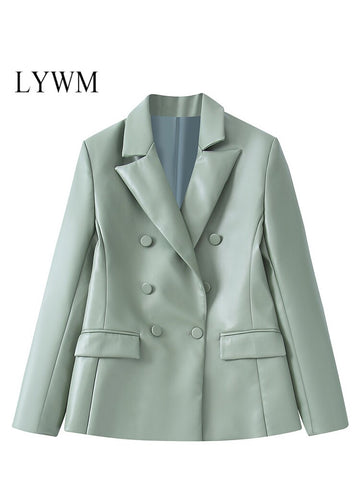 LYWM Women Tweed Outwears PU Blazer Jacket Double Breasted Notched Neck Vintage Female Chic Outfits Mujer