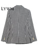LYWM Women With Pockets Plaid Double Breasted Blazer Vintage Long Sleeves Notched Neck Female Chic Lady Outfits