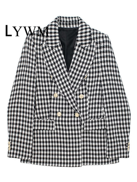 LYWM Women With Pockets Plaid Double Breasted Blazer Vintage Long Sleeves Notched Neck Female Chic Lady Outfits