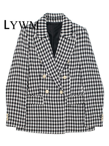 LYWM Women With Pockets Plaid Double Breasted Blazer Vintage Long Sleeves Notched Neck Female Chic Lady Outfits