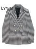 LYWM Women With Pockets Plaid Double Breasted Blazer Vintage Long Sleeves Notched Neck Female Chic Lady Outfits