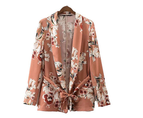 women vintage floral print blazer Notched collar sashes long sleeve coat casual outerwear casaco feminine tops