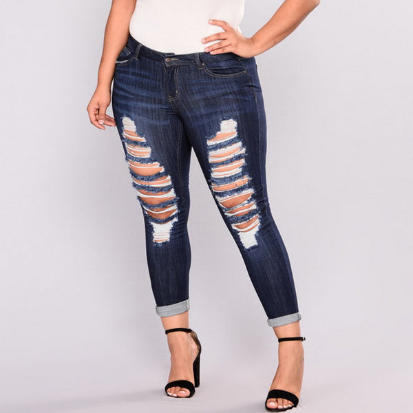 New Fashion Plus Size High Elastic Hole Jeans Women's True Denim Skinny Distressed Jean For Women Jeans Pencil Pants