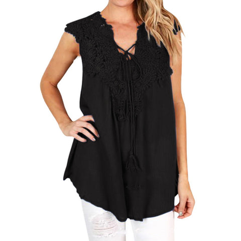 2022 New Summer Women Lace Crochet Shirts Casual Lace Up Blouse Sexy V Neck Sleeveless Tunic Top Chiffon Shirt Blusas
