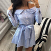 2022 Off Shoulder Striped Women Dress Casual Summer Shirt Dresses Long Sleeve Mini Sundresses Club Party Vestidos Femme