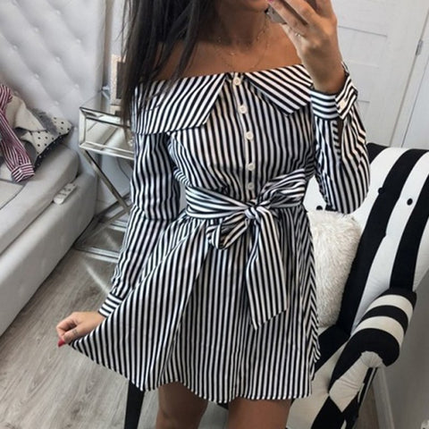 2022 Off Shoulder Striped Women Dress Casual Summer Shirt Dresses Long Sleeve Mini Sundresses Club Party Vestidos Femme