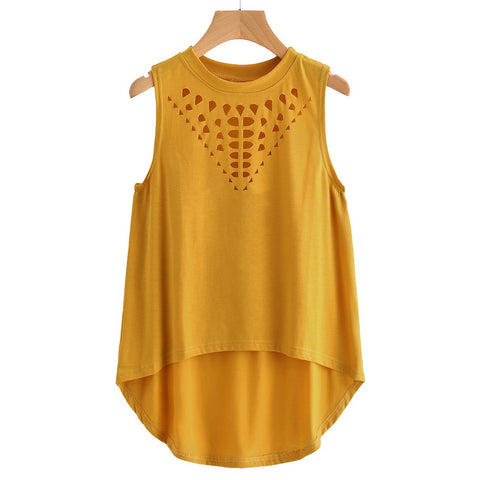 Loose Tank Top 2022 New Arrival Summer Hollow Out Round Neck Women Slim Fit Clothing Yellow Casual Cotton Tank Tee Top