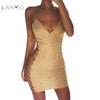 Women 2022 New Summer Deep V Neck Hollow Out Sleeveless Dresses Sexy Evening Party Fitted Sheath Bodycon Golden Vestidos