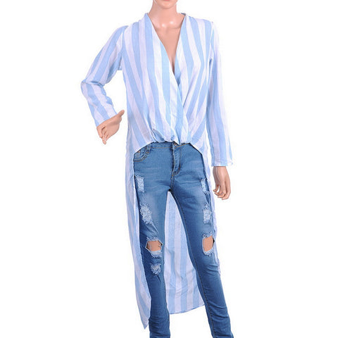 Women Stand Collar Long Shirts Women Long Sleeve Spring Autumn Deep V neck Female Striped Shirts Slim Co Blouses TOP