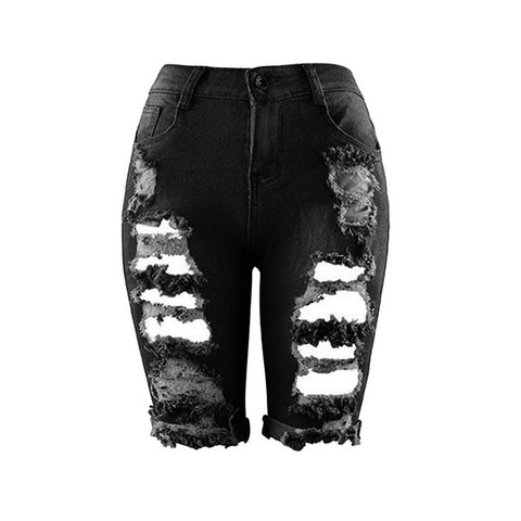 Women's Europe Style Half Ripped Jeans New High Waist Personality Fashion Street Hole Stretch Pants Slim Torn Denim Jeans