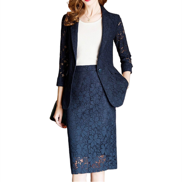 Lace Hollow Out Blazer Suits Women Sexy Slim 2 Piece Sets Oversized 6xl Office Long Sleeve Work Coats+Knee-Length Skirts Outfits