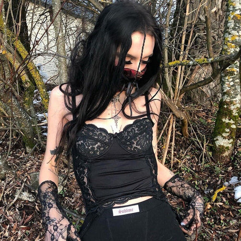 Lace Mall Gothic Punk Women Black Camis Grunge Alt Clothes Emo Harajuku Crop Tops Sexy Bodycon Summer Backless Outfits