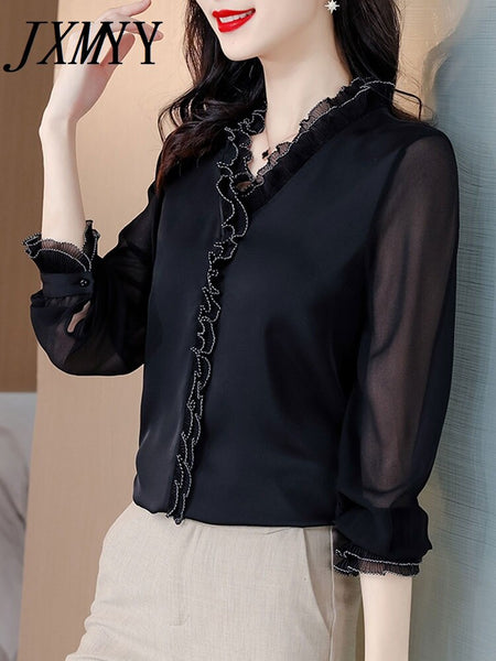 Lace Ruffles Chiffon Shirts Women's Clothing 2023 Autumn Winter Office Lady Long Sleeve Pullovers Vintage Elegant Blouse 4XL