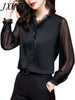 Lace Ruffles Chiffon Shirts Women's Clothing 2023 Autumn Winter Office Lady Long Sleeve Pullovers Vintage Elegant Blouse 4XL