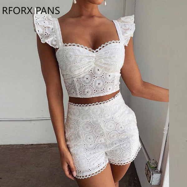 Lace Ruffles Hollow Out Top & Short Sets