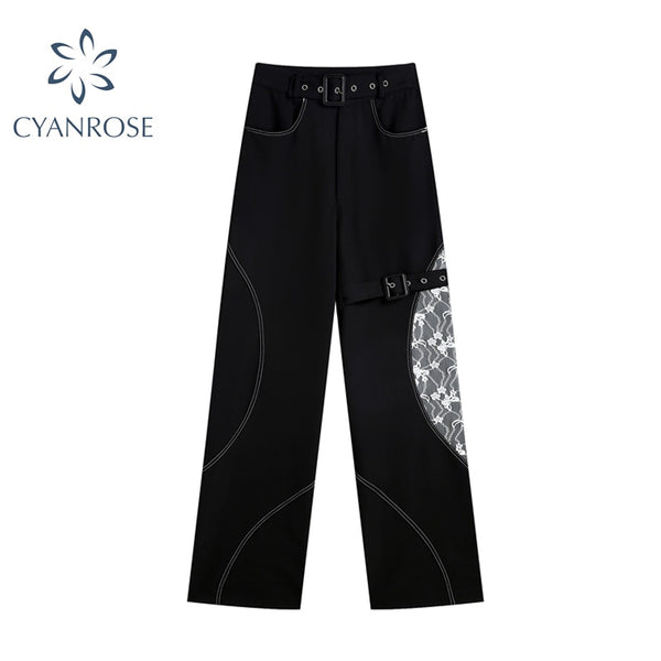 Lace Stitched Jeans With Sashes Women's Autumn 2022 Punk Harajuku High Waist Pants Wide Leg Cowboy Long Trousers Female