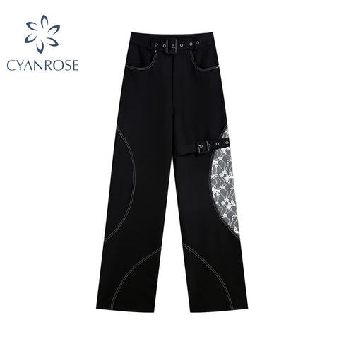 Lace Stitched Jeans With Sashes Women's Autumn 2022 Punk Harajuku High Waist Pants Wide Leg Cowboy Long Trousers Female