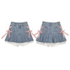 Lace Up Kawaii Denim Mini Skirt Women Lolita Pink Bow Bandage Patchwork High Waist Pleated Jean Skirt Y2k Shorts Summer Skater