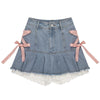 Lace Up Kawaii Denim Mini Skirt Women Lolita Pink Bow Bandage Patchwork High Waist Pleated Jean Skirt Y2k Shorts Summer Skater