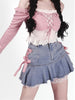 Lace Up Kawaii Denim Mini Skirt Women Lolita Pink Bow Bandage Patchwork High Waist Pleated Jean Skirt Y2k Shorts Summer Skater
