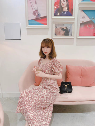 Ladies 2022 Puff Sleeve Summer Short Puff Sleeve Cherry Print Midi Dress