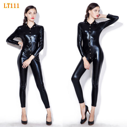 Ladies Black Sexy Latex Wetlook Catsuit Faux Leather Bodysuit Bodycon Leotard Women's Clothing PU Jumpsuit PVC DS Clubwear
