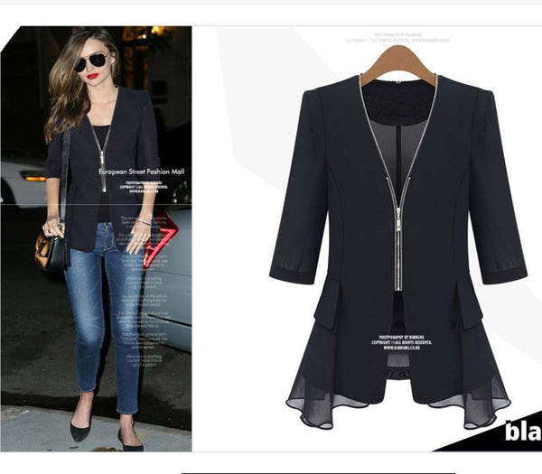 Ladies Blazer Feminino Plus Size 4XL 5XL Chiffon V-neck Jacket Women's White Black Blaser Three Quarter Female Suit