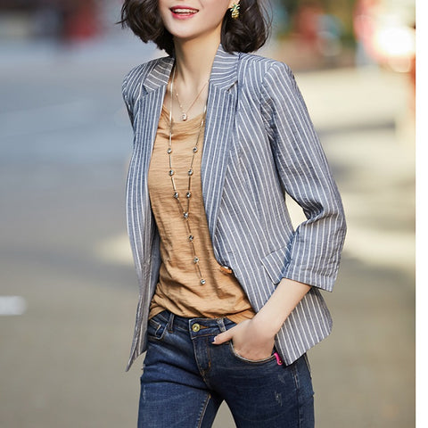 Ladies Blazer Single Button Half Sleeve Casual Jacket Blue Beige Stripe