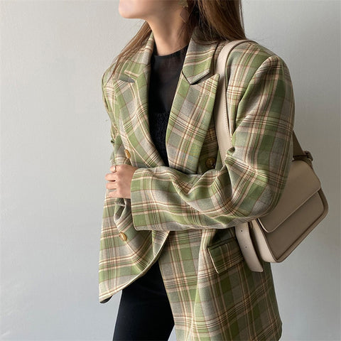 Ladies Casual Blazers Jacket Vintage Loose Women Plaid Blazer Office Lady Double Breasted Work Suit Coat Stylish