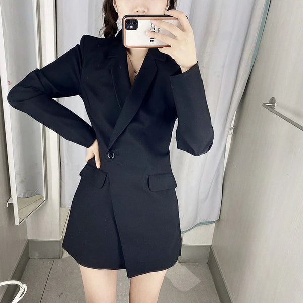 Ladies Chic Single Button Casual Solid Color Blazer Dress Spring And Autumn Elegant Office Long-Sleeved Suit Jacket