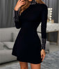 Ladies Dress Party Runway Black Mini Dress High Neck Long Sleeve Ruffle Dress Beaded