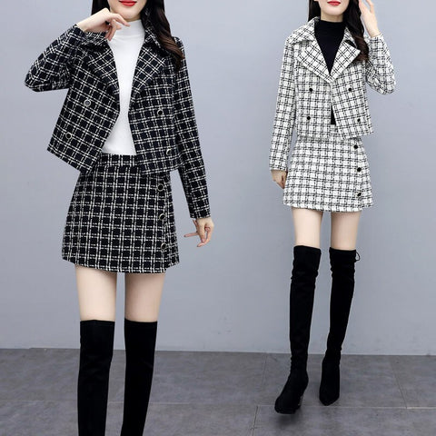 Ladies Elegant Short Blazer Mini Skirts Suits 2023 Spring And Autumn Slim Fit Plaid Tweed Two Piece Set Women Outfits M624