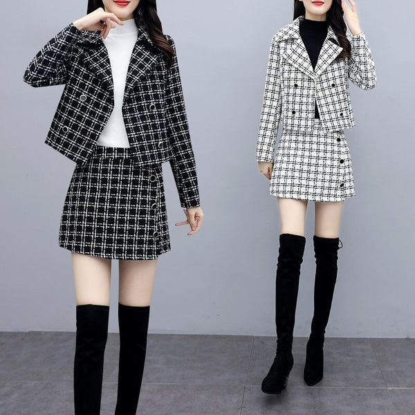 Ladies Elegant Short Blazer Mini Skirts Suits 2022 Spring And Autumn Slim Fit Plaid Tweed Two Piece Set Women Outfits M624