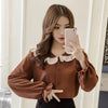 Ladies Elegant Sweet White Blue Shirt Long Flare Sleeve Peter Pan Collar Ruffle Women Blouses and Tops Fashion Korean Blouse