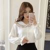 Ladies Elegant Sweet White Blue Shirt Long Flare Sleeve Peter Pan Collar Ruffle Women Blouses and Tops Fashion Korean Blouse