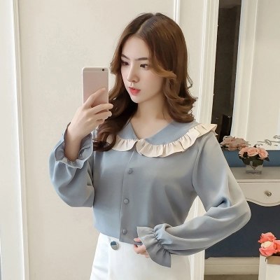 Ladies Elegant Sweet White Blue Shirt Long Flare Sleeve Peter Pan Collar Ruffle Women Blouses and Tops Fashion Korean Blouse